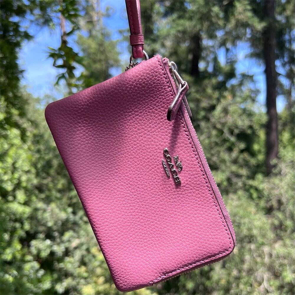 COACH Pebbled Leather Wristlet Wallet Double Zip Pink with Gunmetal Hardware